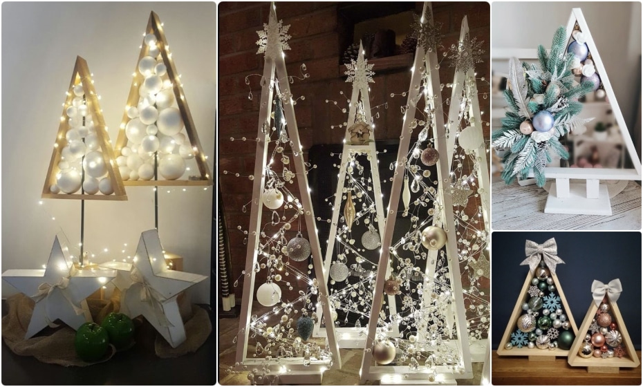 nápady na vianočné dekorácie drevené stromčeky